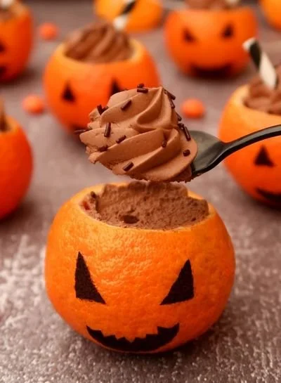 Clémentines à la mousse au chocolat pour Halloween, dessert gourmand et festif.