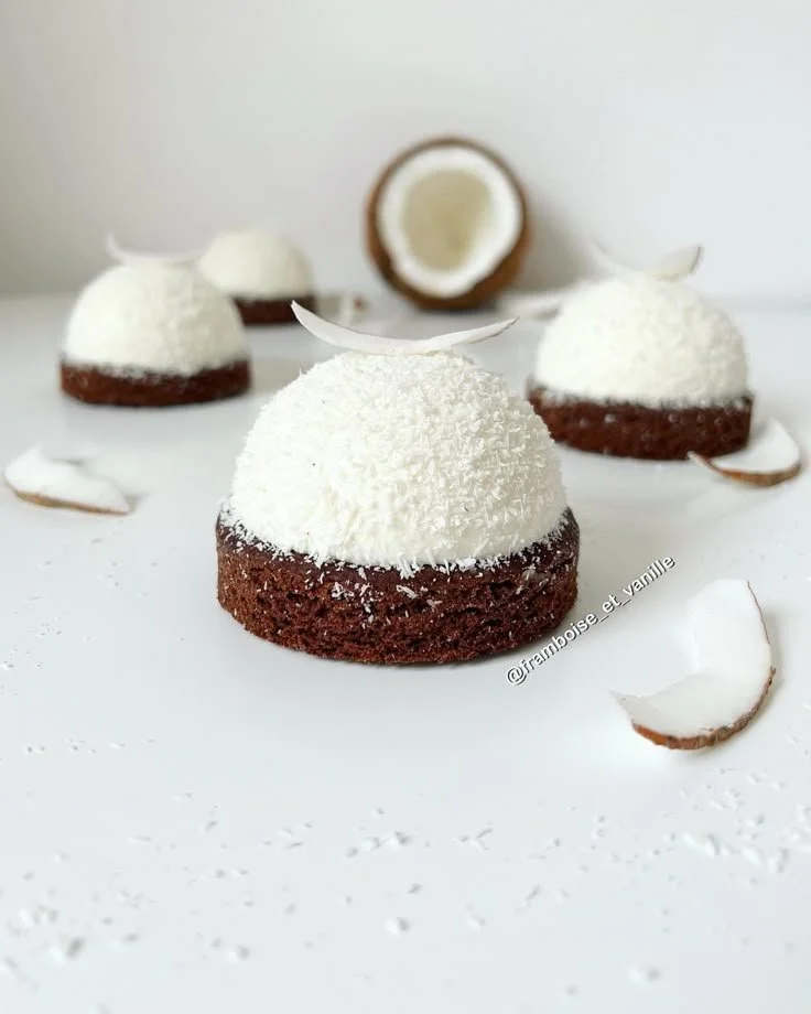 Dôme noix de coco avec cœur de pâte à tartiner framboise et vanille
