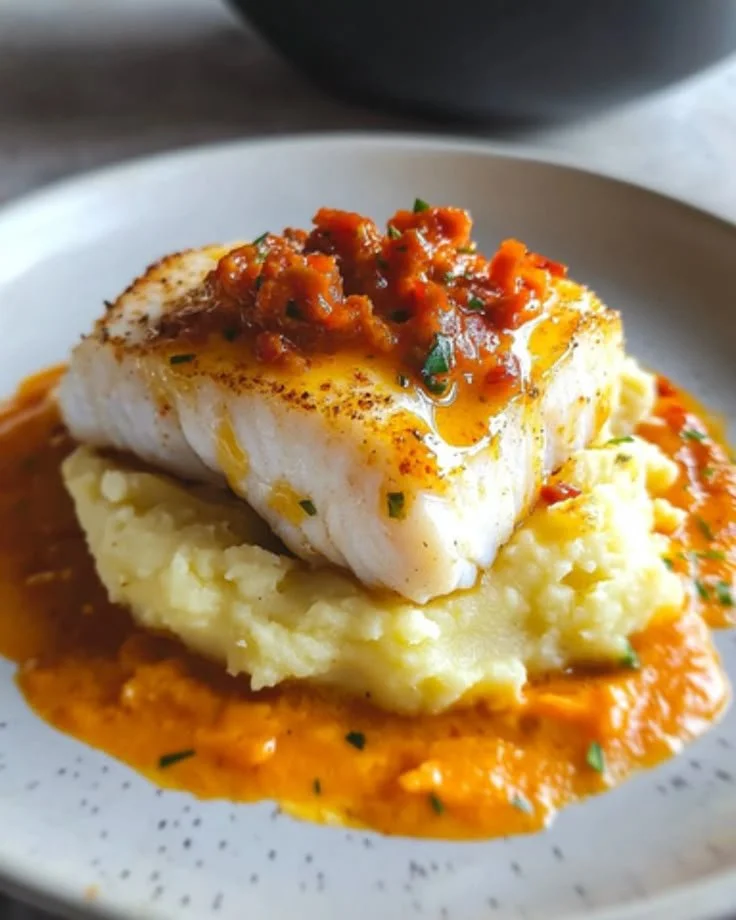 Dos de cabillaud à la crème de chorizo et écrasé de pommes de terre