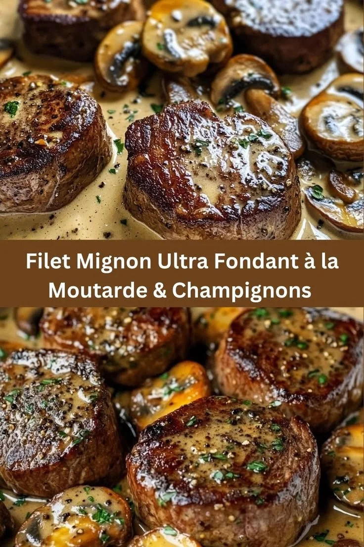 Filet mignon fondant à la moutarde et champignons, plat savoureux et réconfortant.