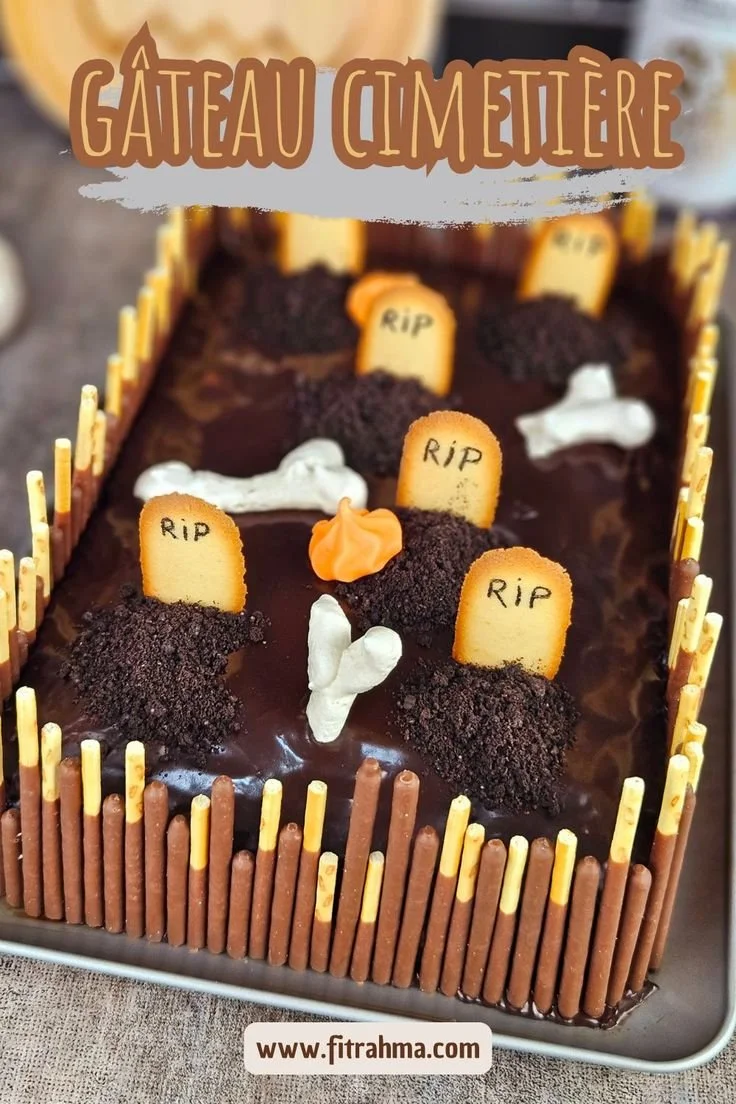 Gâteau cimetière décoré pour Halloween avec tombes en chocolat
