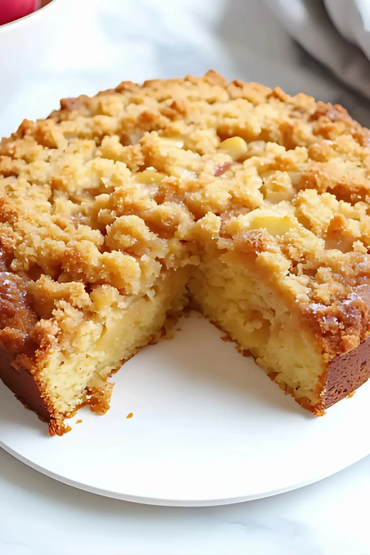 Gâteau crumble aux pommes avec croustillant doré et saveur fruitée.