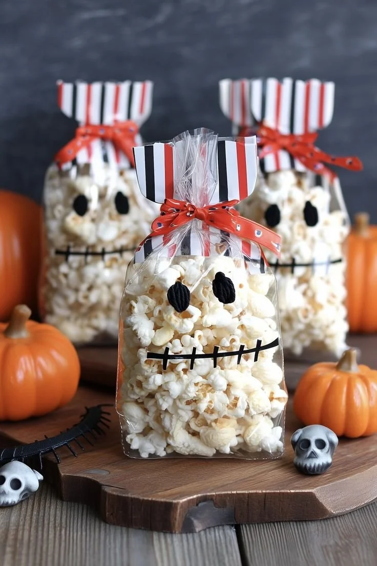 Sacs de popcorn momifiés pour Halloween, une idée de snack amusante et facile à réaliser.