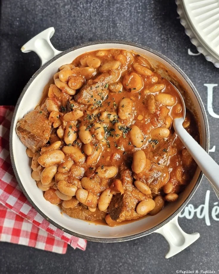 Bœuf mijoté aux haricots blancs épicé, plat savoureux et réconfortant.