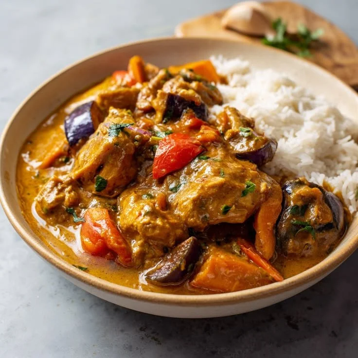 Plat traditionnel de Mafé de poulet sénégalais avec sauce arachide et légumes