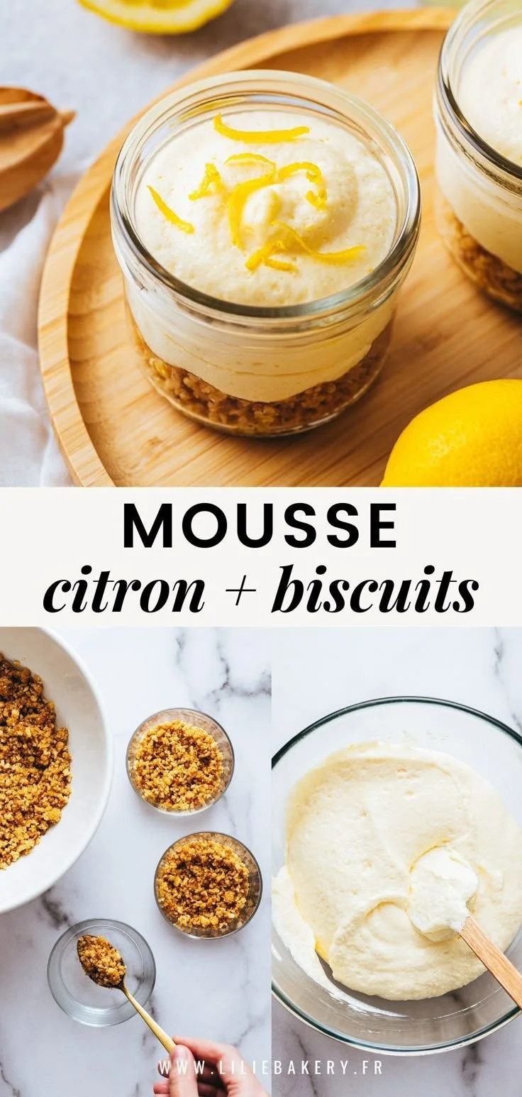 Mousse au citron accompagnée de biscuits, délicieuse recette sucrée.