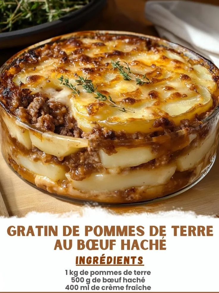 Gratin de pommes de terre au bœuf haché, plat savoureux et économique.