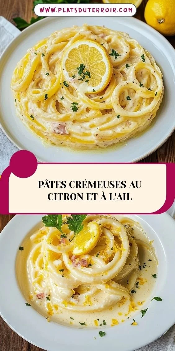Pâtes crémeuses au citron et à l'ail prêtes à servir dans une assiette