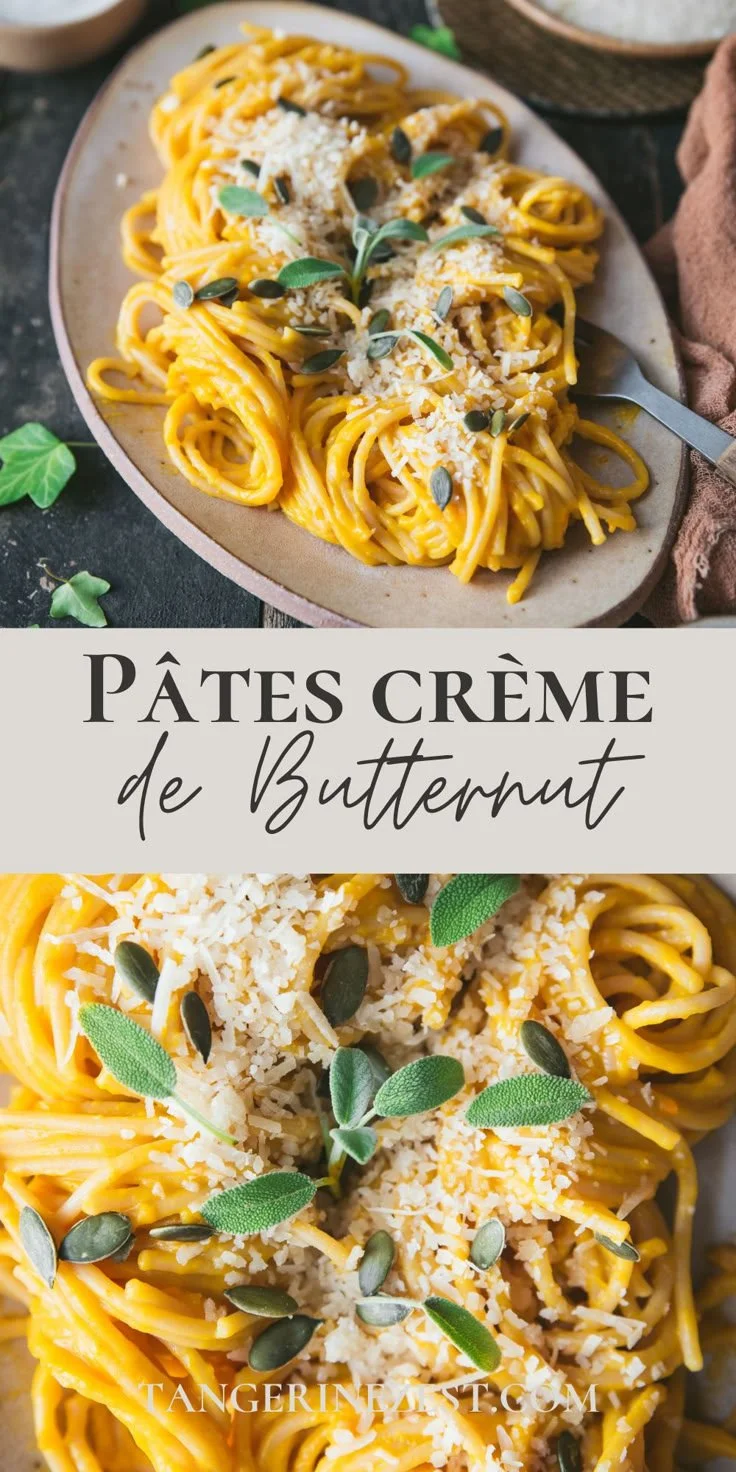 Pâtes enrobées d'une sauce crémeuse au butternut, garnies de parmesan