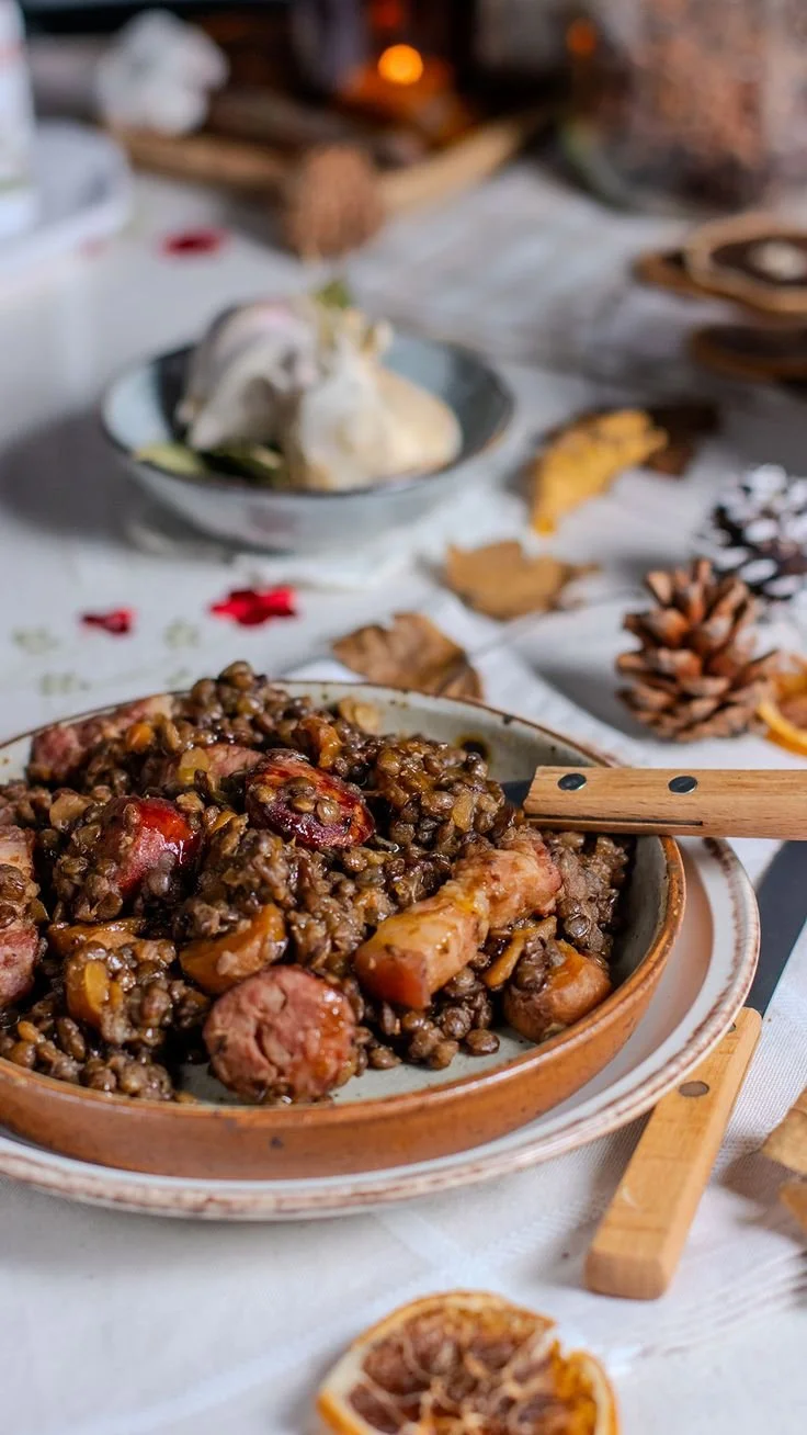 Plat de petit salé avec lentilles, diots de Savoie et poitrine fumée