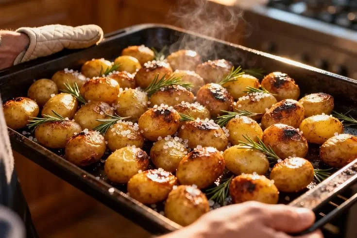 Pommes de terre grenaille cuites au four, prêtes à déguster.