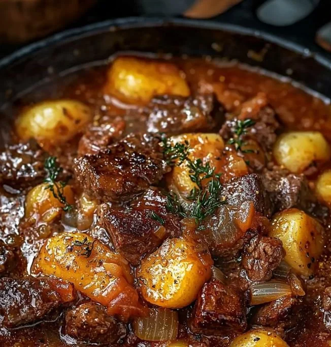 Ragoût de bœuf aux légumes d'hiver servi dans un bol en céramique