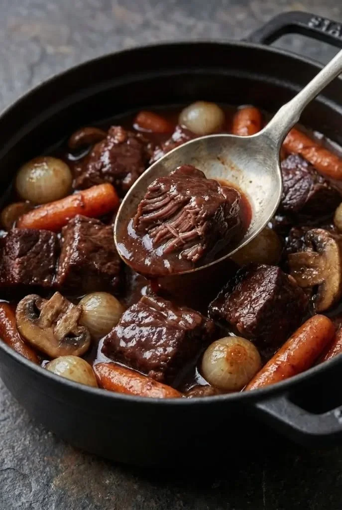 Boeuf Bourguignon fondant préparé avec une recette de chef en sauce rouge