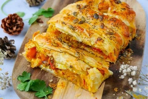 Feuilleté au potimarron, miel et fromage, parfait pour un apéritif vegan.