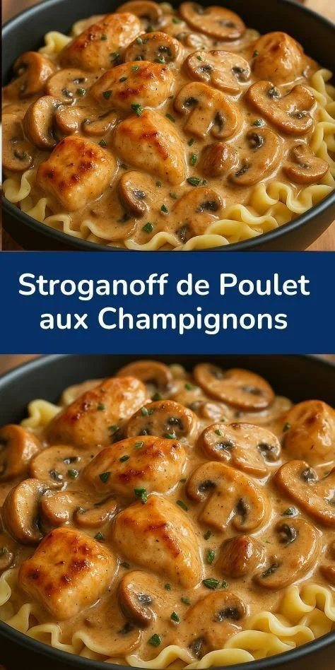 Plat crémeux de Stroganoff de Poulet aux Champignons sur une table.