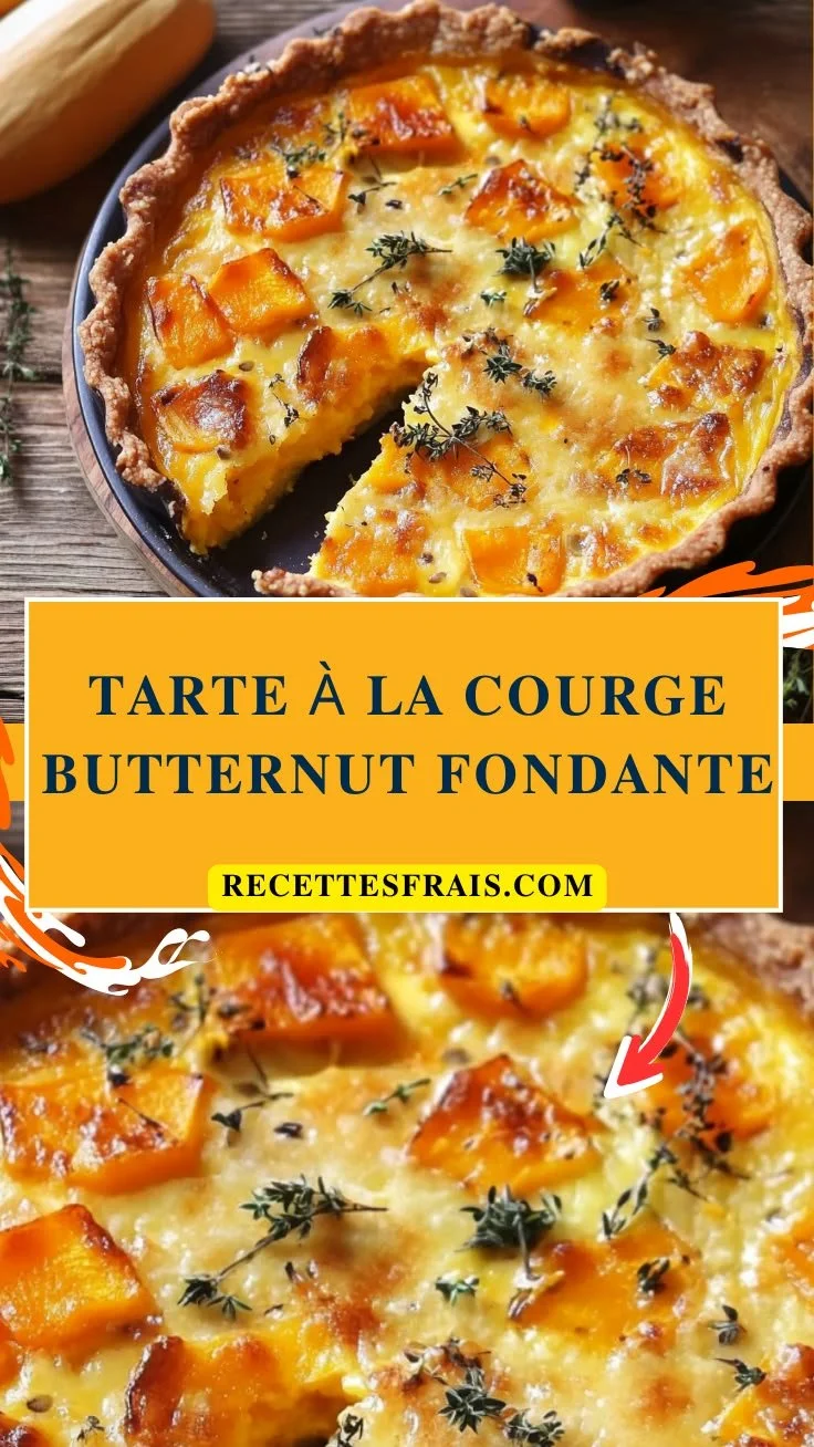 Tarte à la courge butternut fondante avec une croûte dorée et garniture crémeuse.