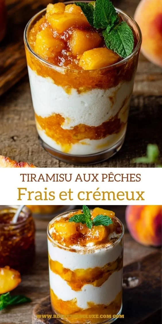 Tiramisu aux Pêches, le dessert d'été crémeux et savoureux sur une table.